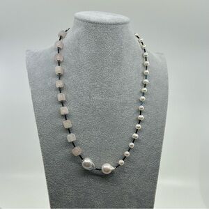 Asymmetrical Pearl & Rose Quartz Necklace 23.5” Handmade & Unique